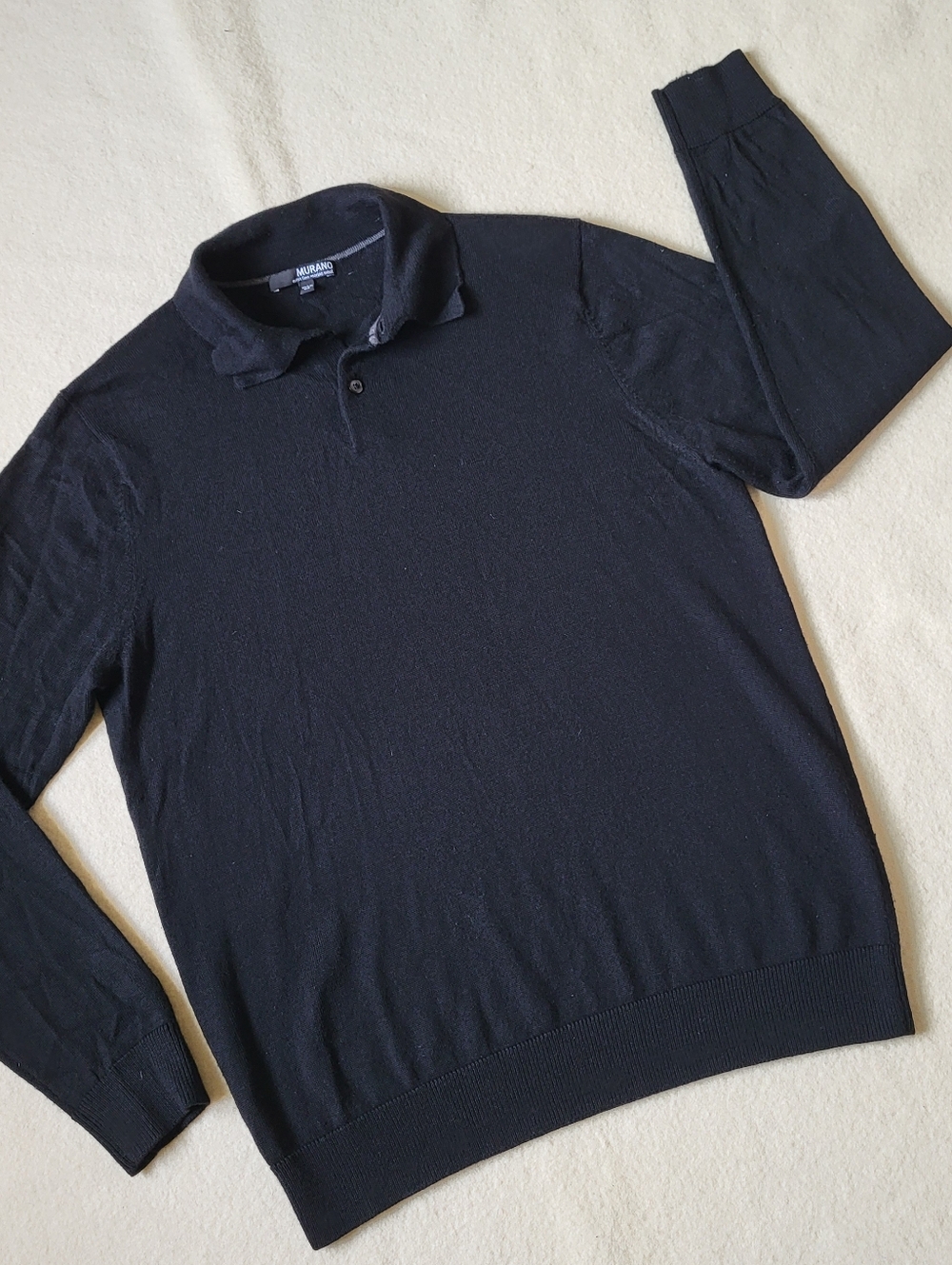 Black Merino Wool Long-sleeved Pullover Collard Sweater Men's Size Med By Murano